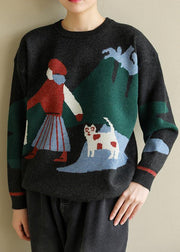 Oversized khaki knit blouse o neck trendy plus size prints knit sweat tops - SooLinen