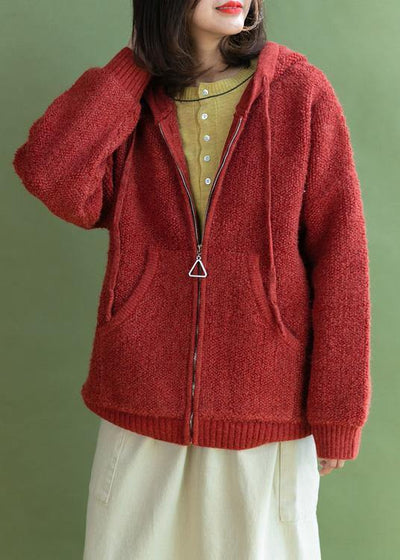 Oversized knit outwear oversize red hooded knitted jackets - SooLinen