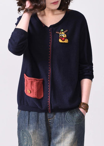 Oversized navy autumn sweater fall fashion v neck knit tops Appliques - SooLinen