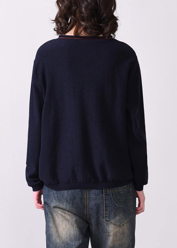 Oversized navy autumn sweater fall fashion v neck knit tops Appliques - SooLinen