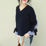 Oversized navy knitted tops plus size clothing v neck false two pieces sweaters