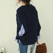 Oversized navy knitted tops plus size clothing v neck false two pieces sweaters