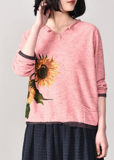 Oversized pink prints knitted t shirt fall fashion long sleeve knitwear v neck - SooLinen