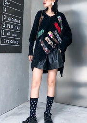 Oversized prints black knitted blouse oversize v neck knitted clothes - SooLinen