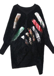 Oversized prints black knitted blouse oversize v neck knitted clothes - SooLinen