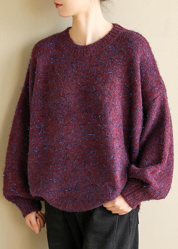Oversized purple knit tops wild fall fashion o neck knitwear - SooLinen