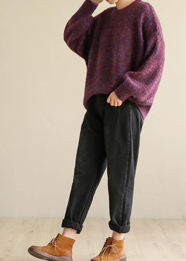 Oversized purple knit tops wild fall fashion o neck knitwear - SooLinen