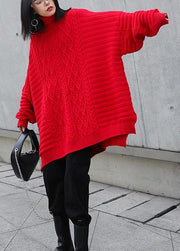 Oversized red Letter knitted t shirt high neck side open knitted blouse - SooLinen