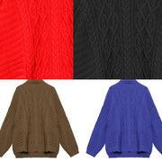 Oversized red Letter knitted t shirt high neck side open knitted blouse - SooLinen