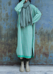 Oversized side open Sweater o neck Wardrobes Largo green plaid baggy knit dresses - SooLinen