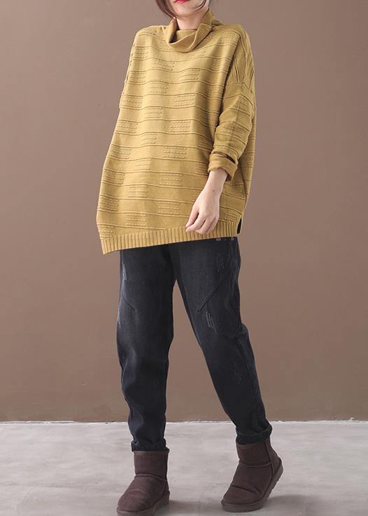 Oversized yellow knitted blouse casual high neck thick sweater tops - SooLinen