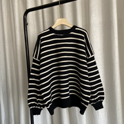 Oversized black striped knitted blouse plus size clothing o neck low high design knit tops