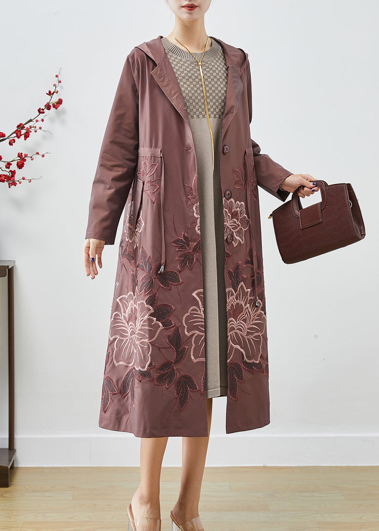 Pale Mauve Spandex Trench Coat Embroidered Tie Waist Fall