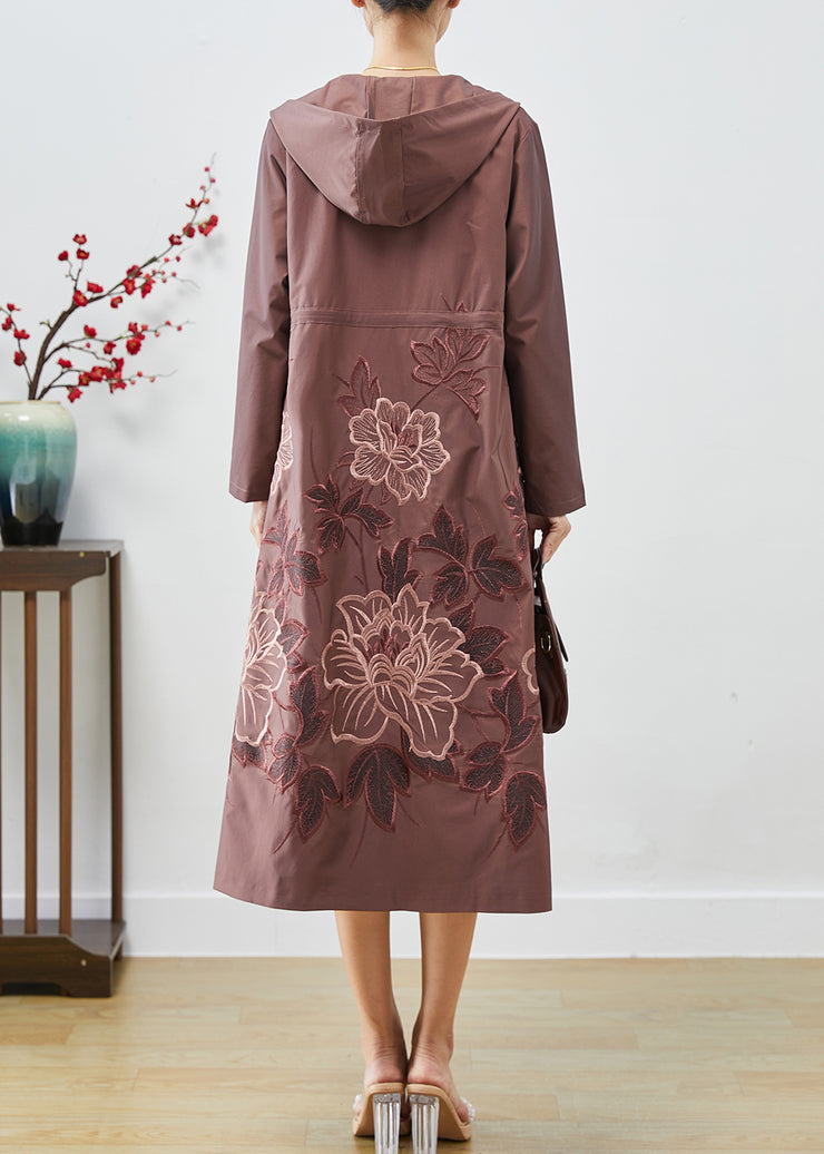 Pale Mauve Spandex Trench Coat Embroidered Tie Waist Fall