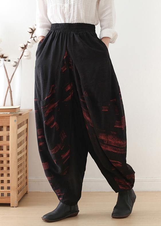 Pants red printed wide leg autumn cotton and linen literary linen harem pants - SooLinen
