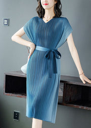 Peacock Blue Gradient Color Chiffon Dress Sashes Wrinkled Summer