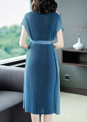 Peacock Blue Gradient Color Chiffon Dress Sashes Wrinkled Summer