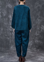 Peacock Blue Patchwork Corduroy Two-Piece Set Chinese Button Spring