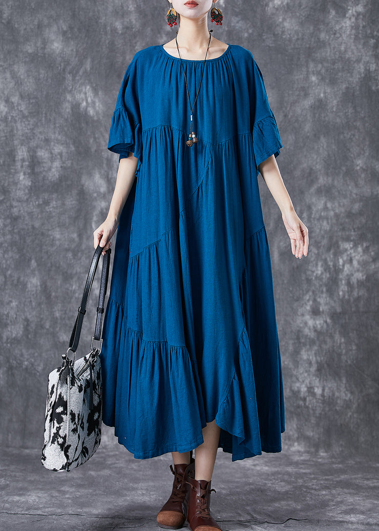 Peacock Blue Patchwork Cotton Dress Oversized Wrinkled Butterfly Sleeve
