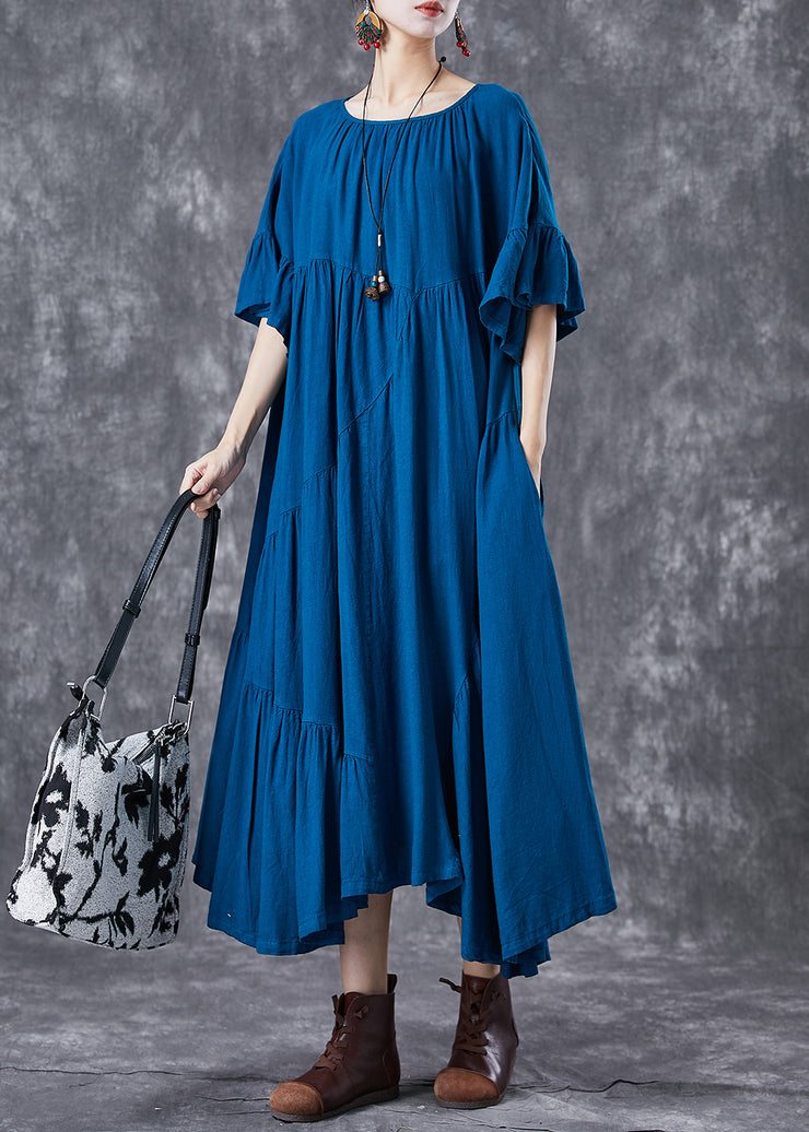 Peacock Blue Patchwork Cotton Dress Oversized Wrinkled Butterfly Sleeve
