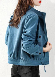 Peacock Blue Pockets Patchwork Cotton Coats Stand Collar Fall