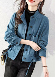 Peacock Blue Pockets Patchwork Cotton Coats Stand Collar Fall