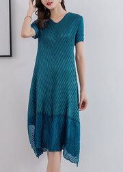 Peacock Blue Silk Long Dresses Wrinkled Side Open Short Sleeve