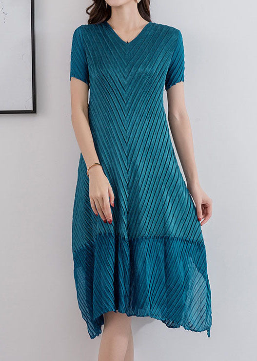 Peacock Blue Silk Long Dresses Wrinkled Side Open Short Sleeve