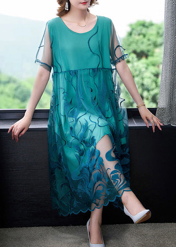 Peacock Blue Tulle Long Dresses Embroidered Summer