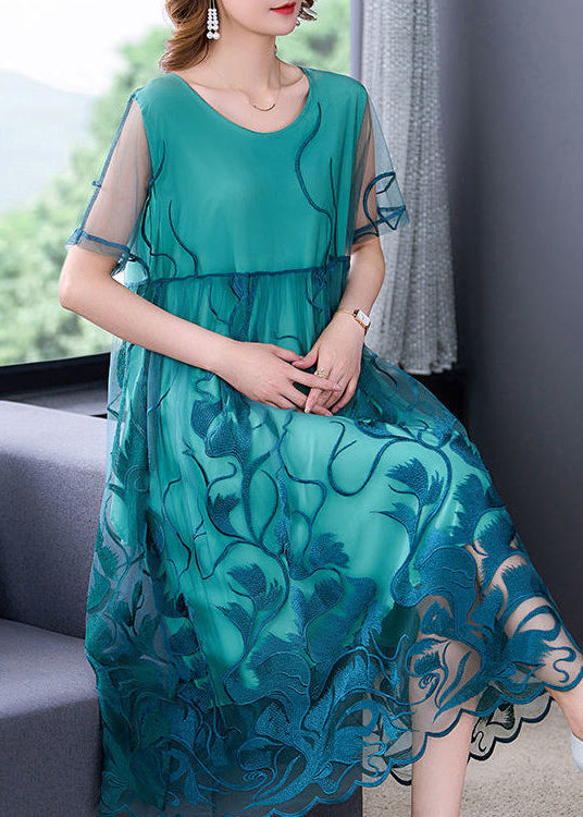 Peacock Blue Tulle Long Dresses Embroidered Summer