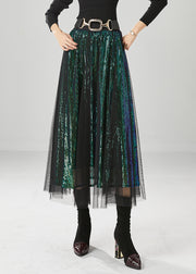 Peacock Green Silm Fit Tulle A Line Skirts Sequins Fall
