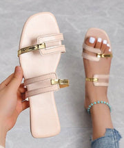 Peep Toe Faux Leather Beige Fashion Splicing Flats Slide Sandals