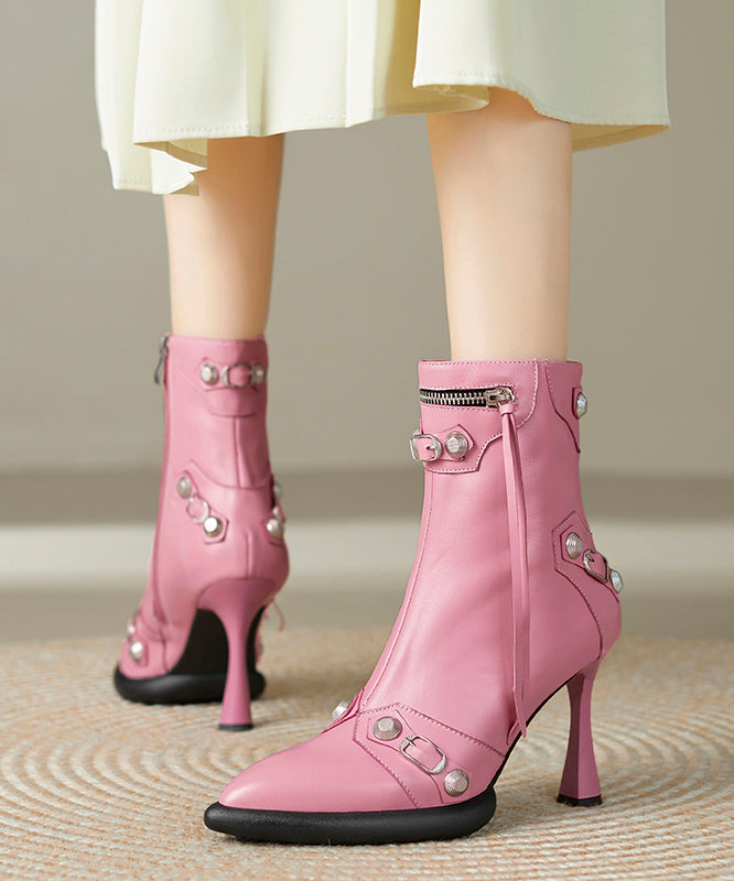 Pink Boots Stiletto Sheepskin Stylish Splicing Tassel Rivet