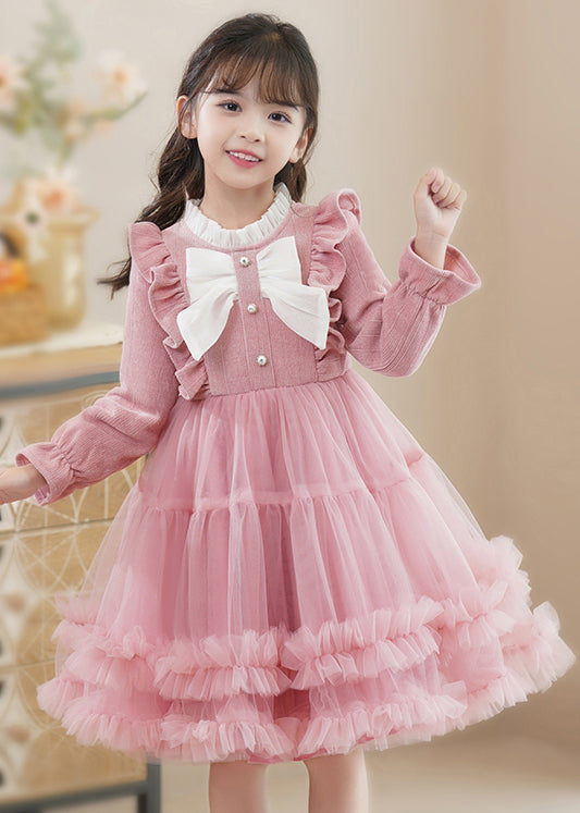 Pink Bow Patchwork Tulle Baby Girls Princess Dress Ruffled Fall