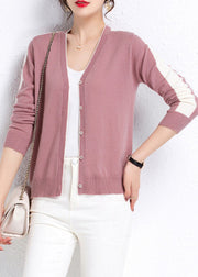 Pink Button Colorblock Wool Knit Cardigans Long Sleeve