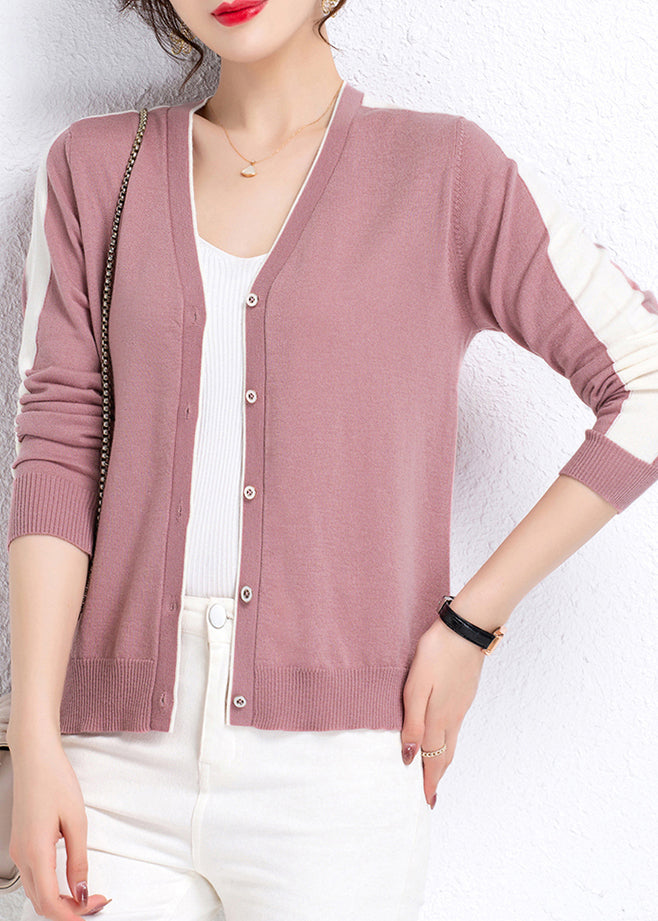 Pink Button Colorblock Wool Knit Cardigans Long Sleeve