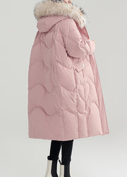 Pink Button Patchwork Duck Down Puffer Coat Zip Up Long Sleeve