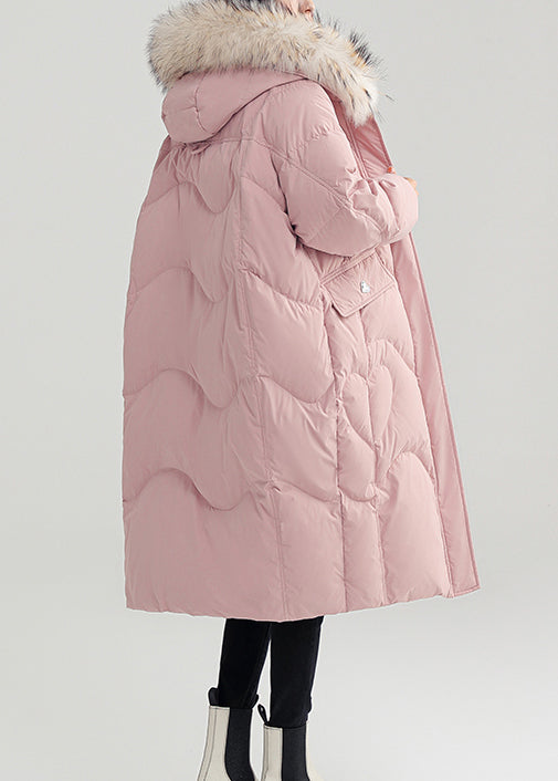 Pink Button Patchwork Duck Down Puffer Coat Zip Up Long Sleeve