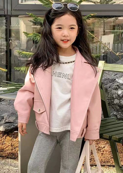 Pink Button Patchwork Faux Leather Girls Coats Zip Up Long Sleeve