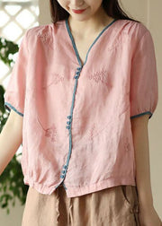 Pink Button Patchwork Linen Shirt Top Embroidered Summer