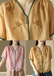 Pink Button Patchwork Linen Shirt Top Embroidered Summer