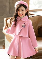 Pink Button Thick Girls Two Pieces Set Tops And Waistcoat Dress Long Sleeve