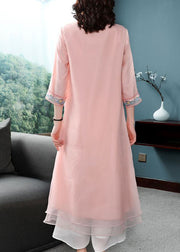 Pink Chiffon Chinese Style Dresses Chinese Button Embroidered Bracelet Sleeve
