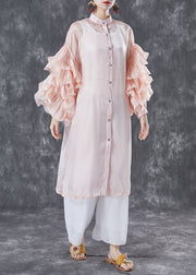 Pink Chiffon UPF 50+ Long Shirt Stand Collar Oversized Petal Sleeve