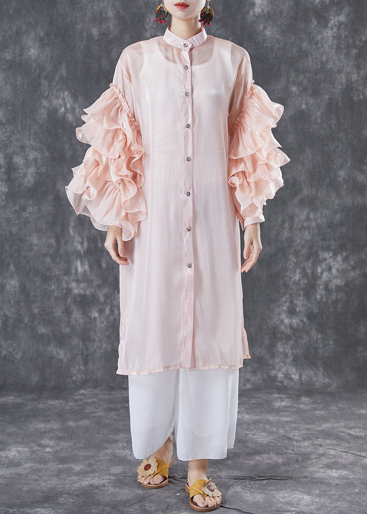 Pink Chiffon UPF 50+ Long Shirt Stand Collar Oversized Petal Sleeve