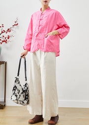 Pink Chinese Style Linen Two Pieces Set Mandarin Collar Fall