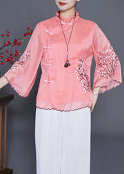 Pink Chinese Style Silk Blouses Embroidered Chinese Button Flare Sleeve