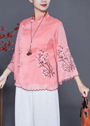 Pink Chinese Style Silk Blouses Embroidered Chinese Button Flare Sleeve