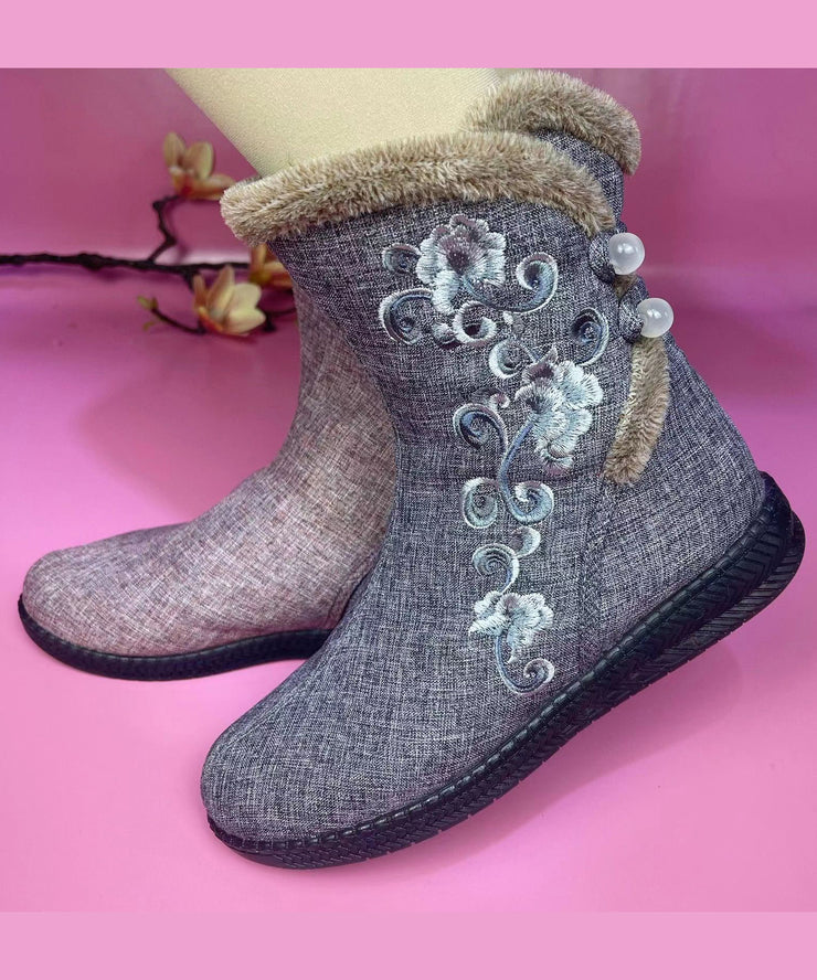 Pink Cotton Fabric Embroidery Splicing Fuzzy Wool Lined Boots