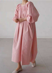Pink Cotton O-Neck wrinkled Maxi Dress Three Quarter sleeve